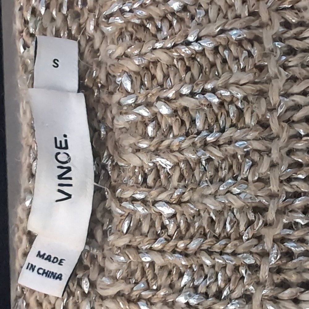 Vince Linen Blend Tan And Silver Metallic Crew Neck Sweater Relaxed Fit Small - Picture 2 of 9
